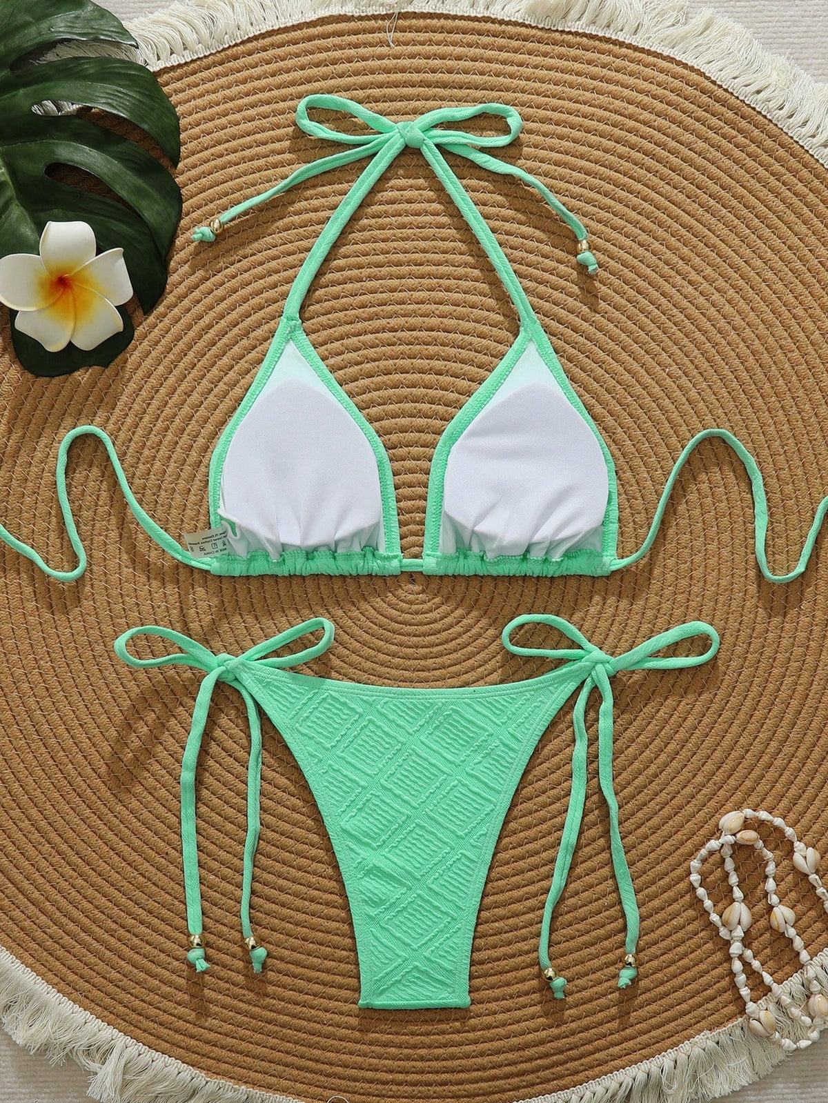 Swim Vcay Mint Green Textured Fabric Bandeau Bikini For Women Plain Two-Piece Swimwear With Pom Pom Accents