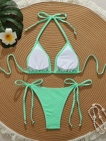 Swim Vcay Mint Green Textured Fabric Bandeau Bikini For Women Plain Two-Piece Swimwear With Pom Pom Accents