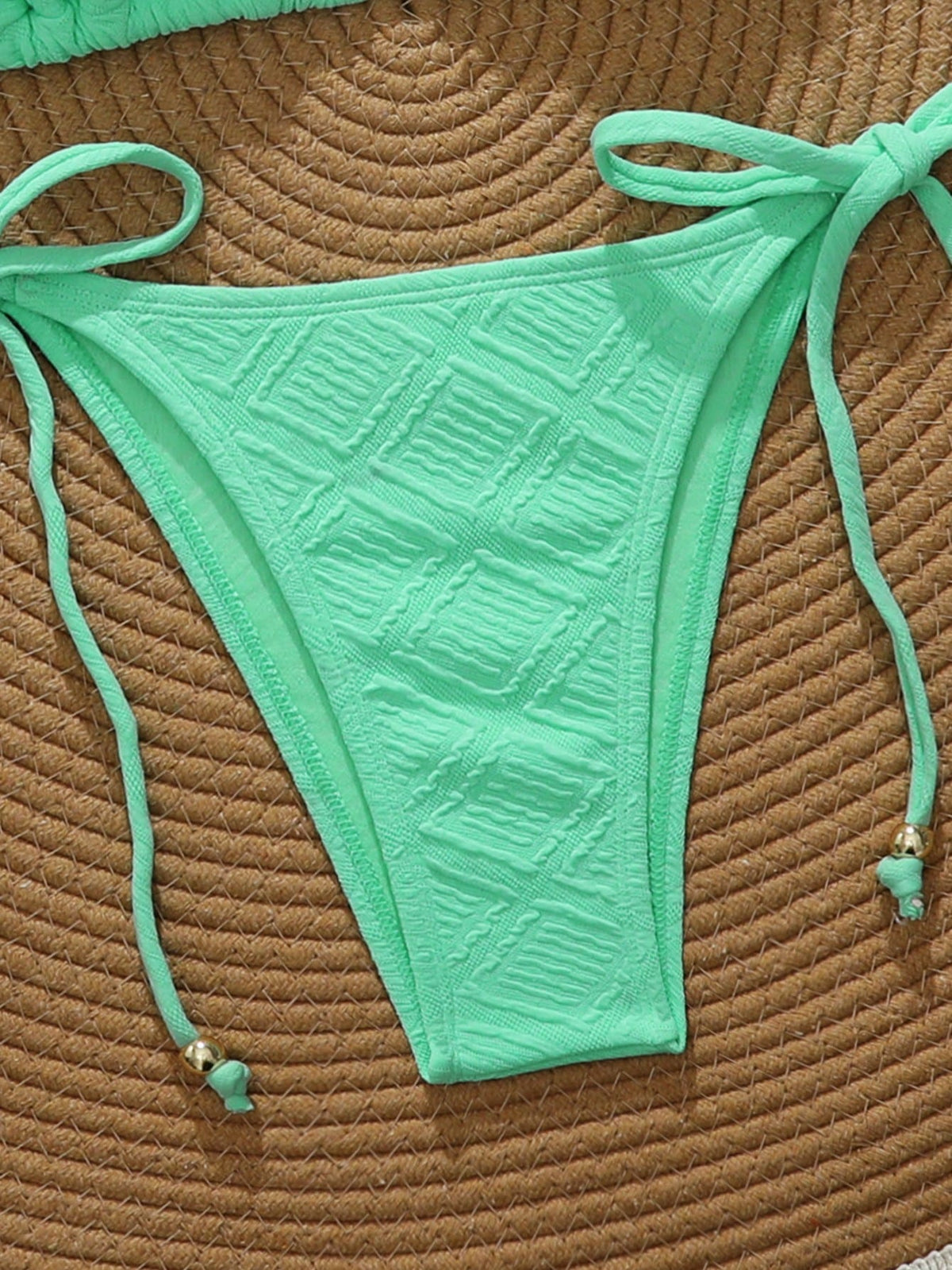 Swim Vcay Mint Green Textured Fabric Bandeau Bikini For Women Plain Two-Piece Swimwear With Pom Pom Accents