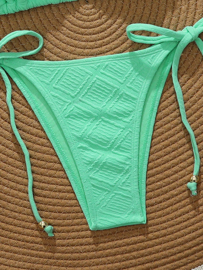 Swim Vcay Mint Green Textured Fabric Bandeau Bikini For Women Plain Two-Piece Swimwear With Pom Pom Accents