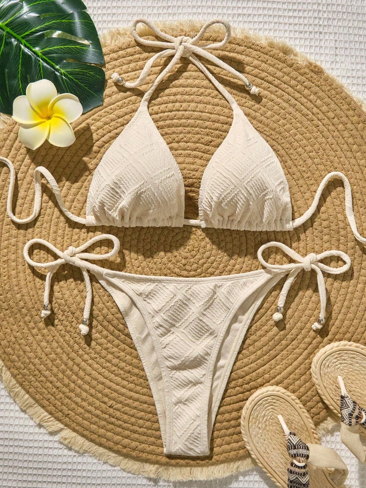 Swim Vcay Mint Green Textured Fabric Bandeau Bikini For Women Plain Two-Piece Swimwear With Pom Pom Accents