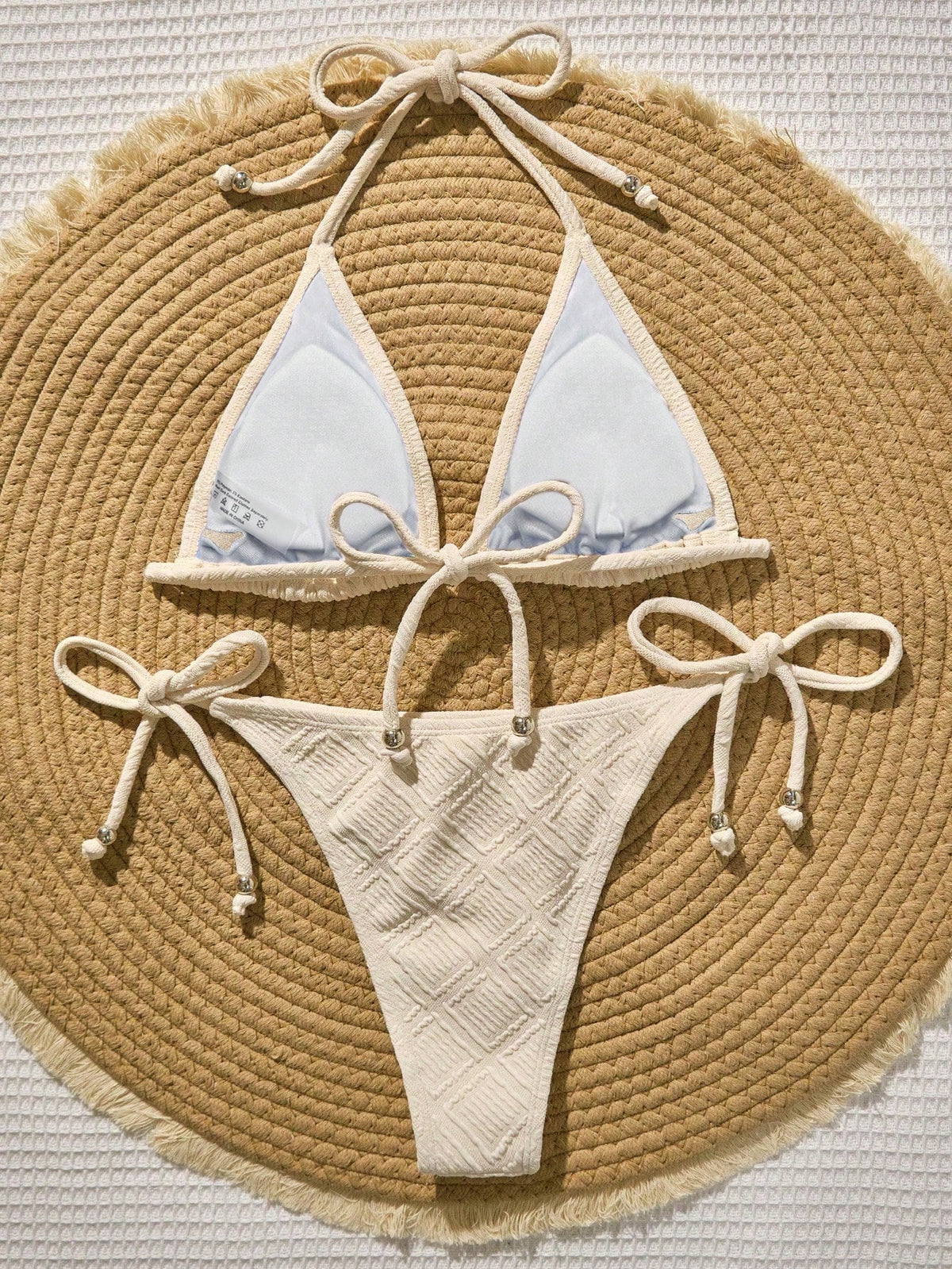 Swim Vcay Mint Green Textured Fabric Bandeau Bikini For Women Plain Two-Piece Swimwear With Pom Pom Accents