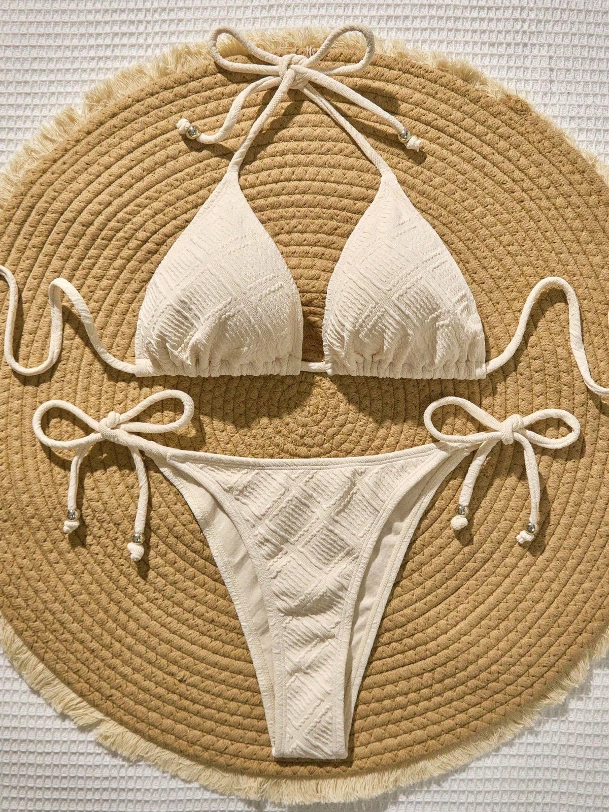 Swim Vcay Mint Green Textured Fabric Bandeau Bikini For Women Plain Two-Piece Swimwear With Pom Pom Accents