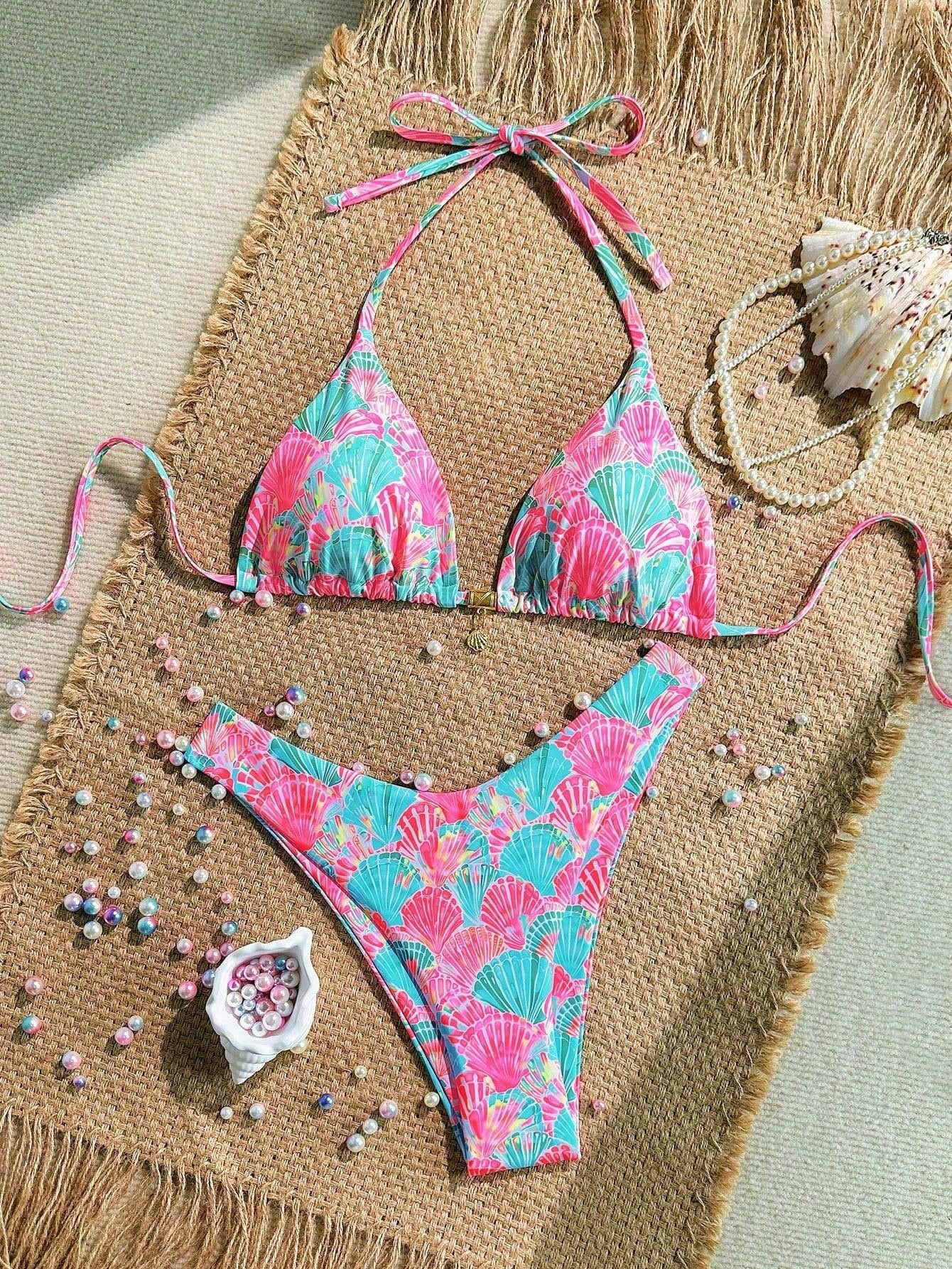 Swim Vcay New Plus Size Women's Multi-Color Printed Halter Top And Fitted Bottom Triangle Bikini 2pcs Set, Slimming Vacation/Leisure Swimwear For Summer