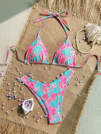 Swim Vcay New Plus Size Women's Multi-Color Printed Halter Top And Fitted Bottom Triangle Bikini 2pcs Set, Slimming Vacation/Leisure Swimwear For Summer
