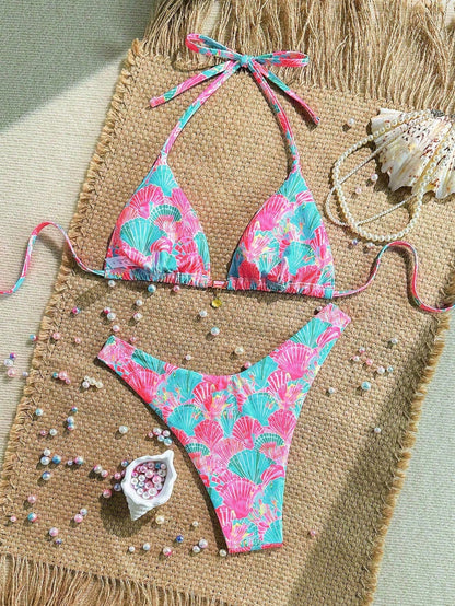 Swim Vcay New Plus Size Women's Multi-Color Printed Halter Top And Fitted Bottom Triangle Bikini 2pcs Set, Slimming Vacation/Leisure Swimwear For Summer