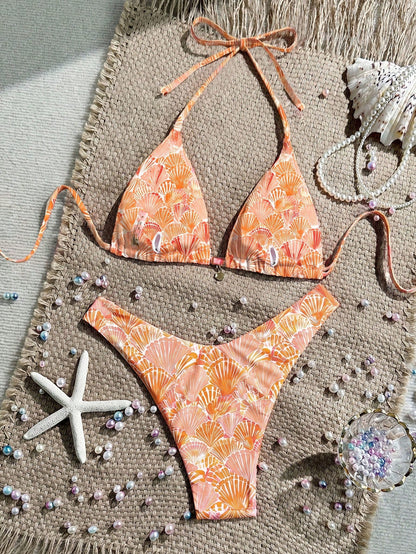 Swim Vcay New Plus Size Women's Multi-Color Printed Halter Top And Fitted Bottom Triangle Bikini 2pcs Set, Slimming Vacation/Leisure Swimwear For Summer