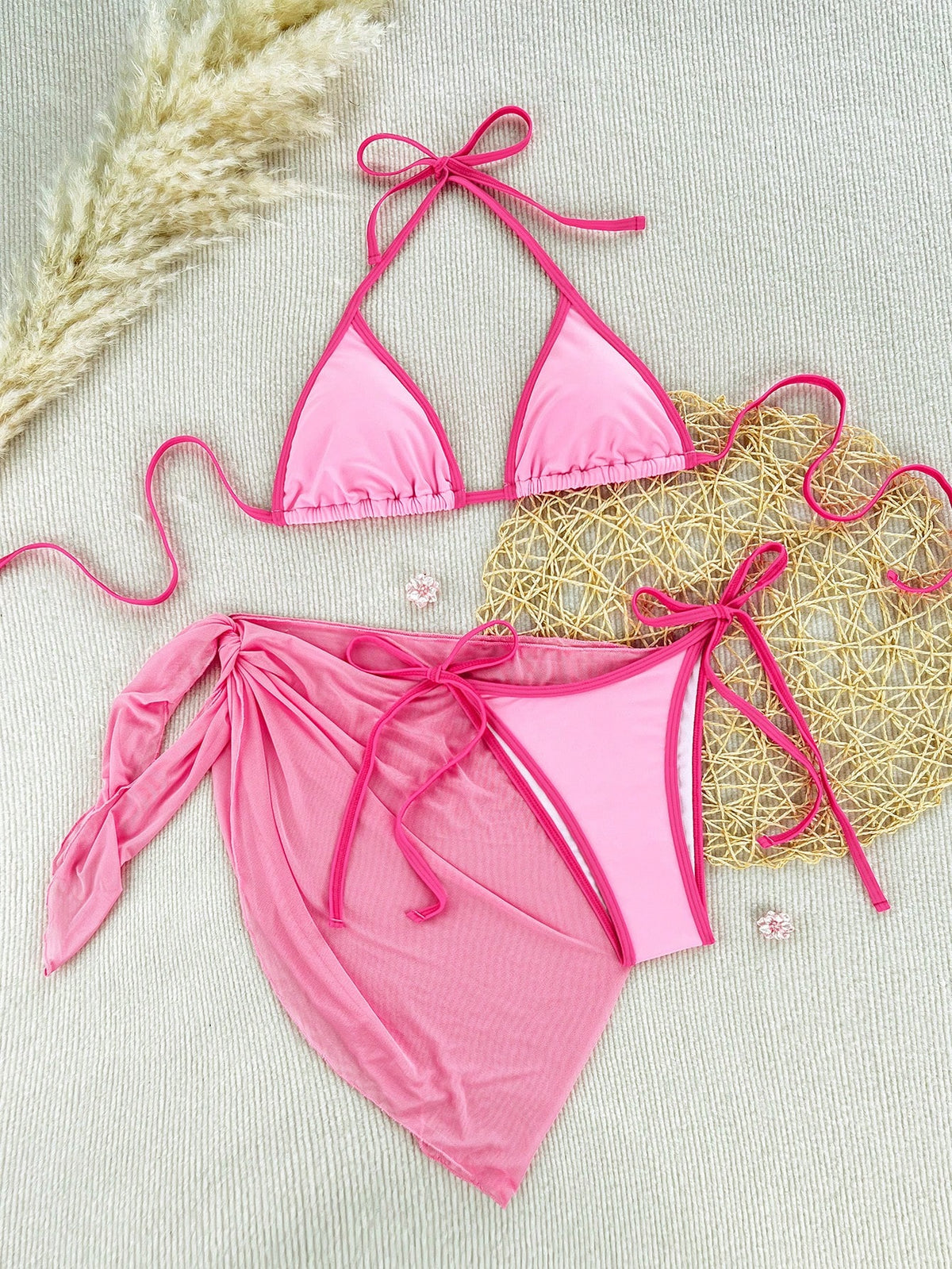 Swim Vcay Pink Summer Casual Beach Holiday Vacation Holiday Ladies' 3 Pieces Bikini Swimwear,Contrast Color Spaghetti Strap Halter Bra,Side Tie Mesh Skirt Set