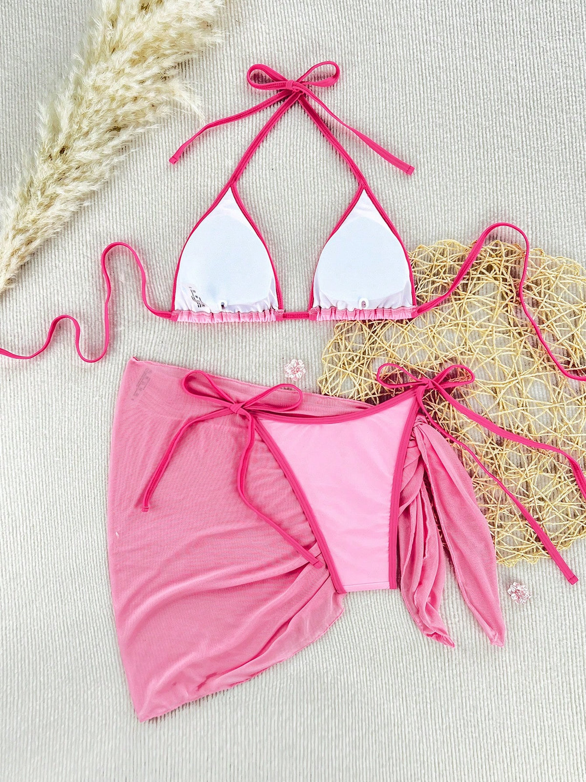 Swim Vcay Pink Summer Casual Beach Holiday Vacation Holiday Ladies' 3 Pieces Bikini Swimwear,Contrast Color Spaghetti Strap Halter Bra,Side Tie Mesh Skirt Set