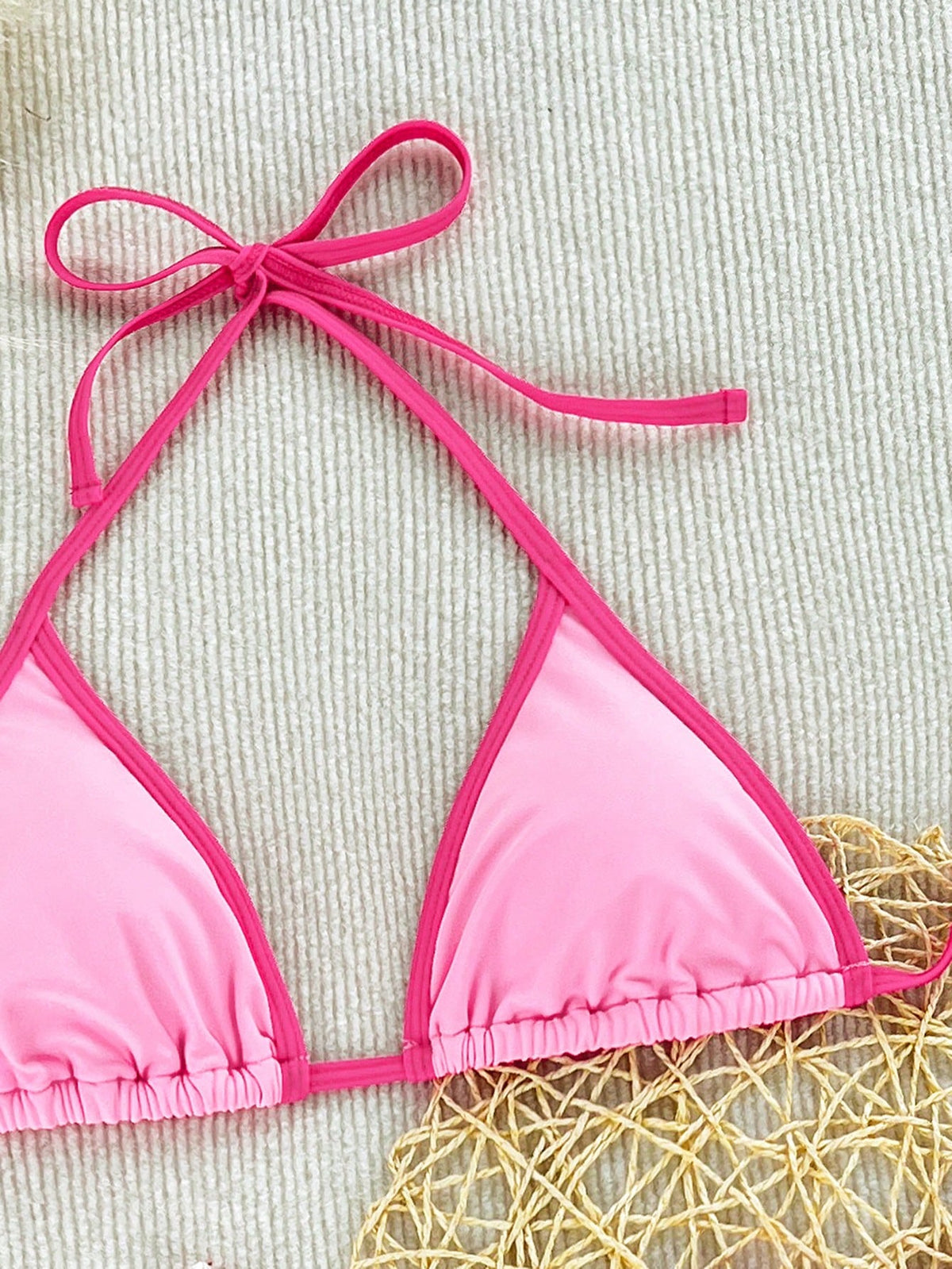 Swim Vcay Pink Summer Casual Beach Holiday Vacation Holiday Ladies' 3 Pieces Bikini Swimwear,Contrast Color Spaghetti Strap Halter Bra,Side Tie Mesh Skirt Set