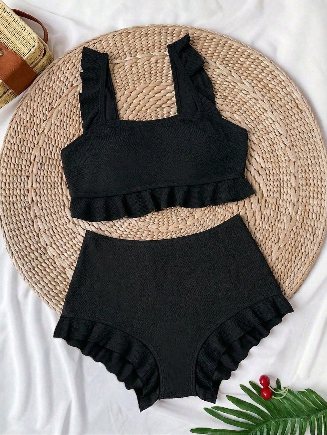 Swim Vcay Plus Size 2-Piece Bikini Set For Women,Elegant Black Textured Tankini Top,Ruffle Trim Square Neck & Shorts,Summer,Beach,Holiday,Formal,Evening