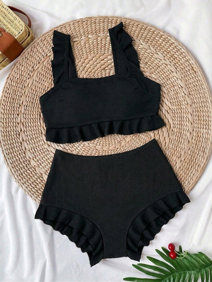 Swim Vcay Plus Size 2-Piece Bikini Set For Women,Elegant Black Textured Tankini Top,Ruffle Trim Square Neck & Shorts,Summer,Beach,Holiday,Formal,Evening