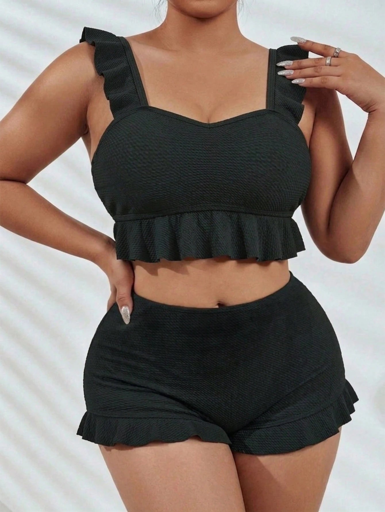 Swim Vcay Plus Size 2-Piece Bikini Set For Women,Elegant Black Textured Tankini Top,Ruffle Trim Square Neck & Shorts,Summer,Beach,Holiday,Formal,Evening