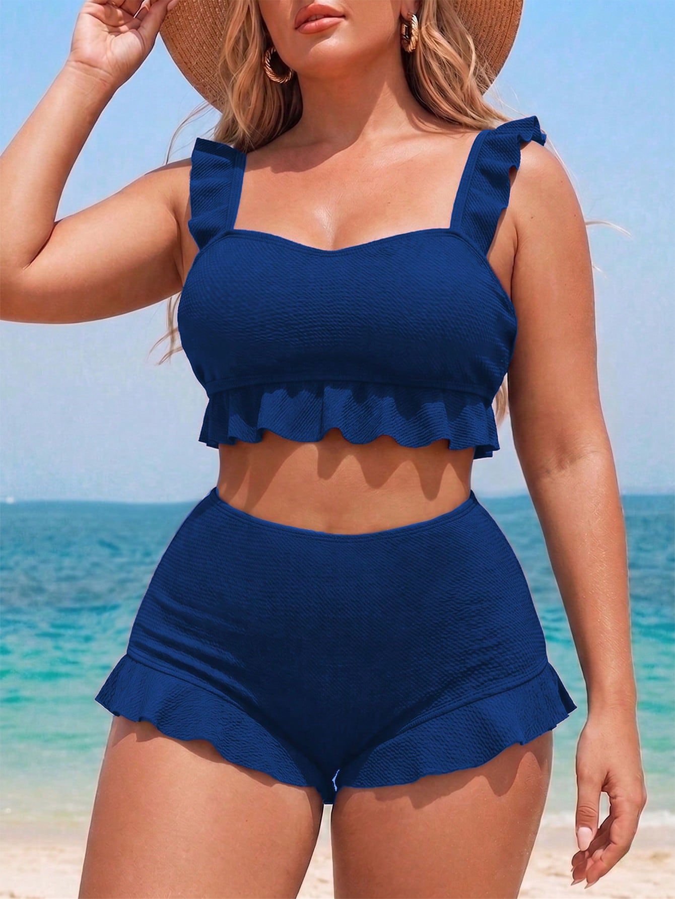 Swim Vcay Plus Size 2-Piece Bikini Set For Women,Elegant Black Textured Tankini Top,Ruffle Trim Square Neck & Shorts,Summer,Beach,Holiday,Formal,Evening