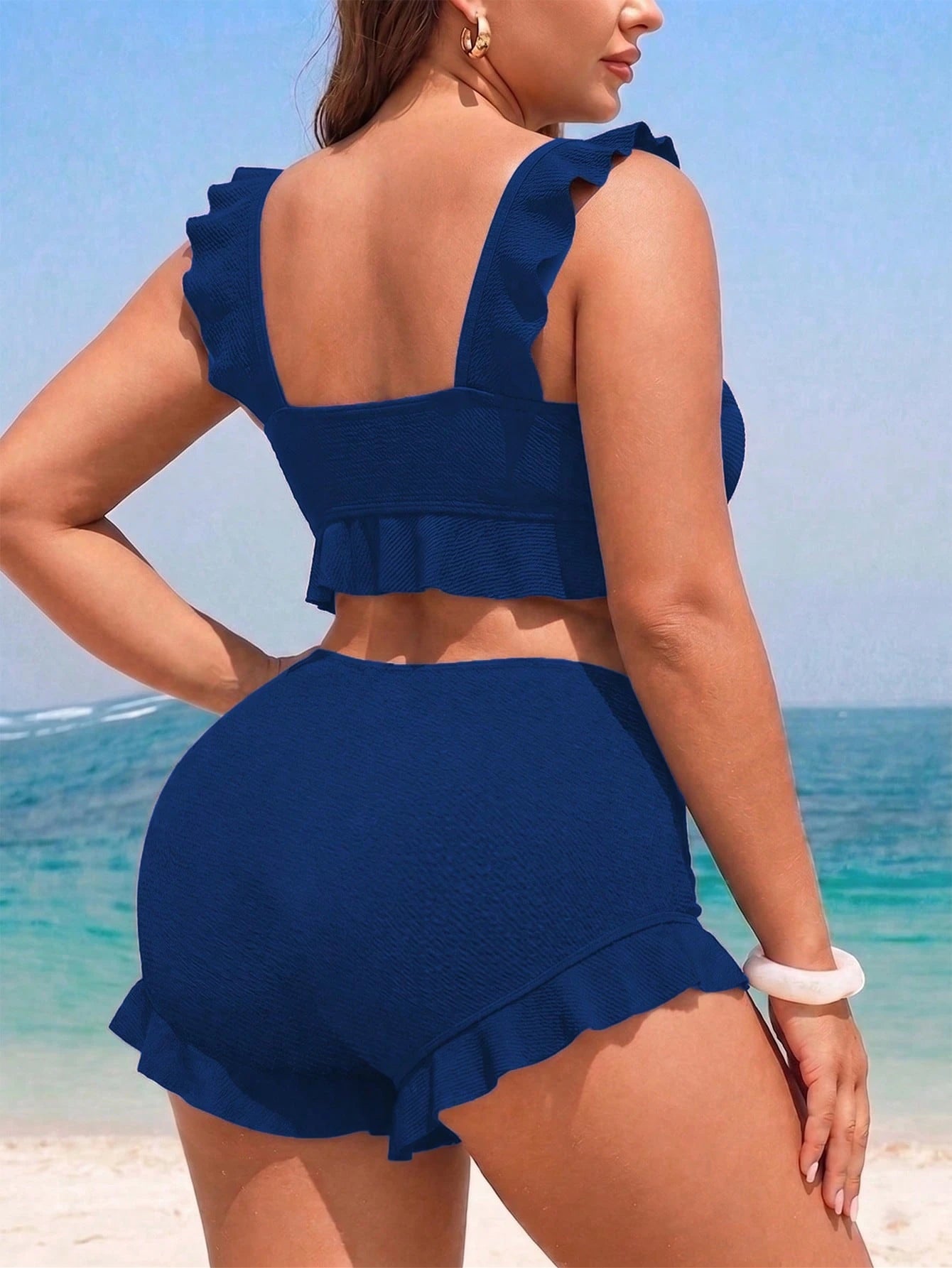 Swim Vcay Plus Size 2-Piece Bikini Set For Women,Elegant Black Textured Tankini Top,Ruffle Trim Square Neck & Shorts,Summer,Beach,Holiday,Formal,Evening