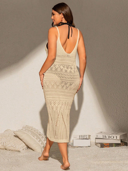 Swim Vcay Plus Size Solid Color Hollow Out Knitted Cover Up Dress For Summer Beach Vacation