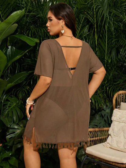 Swim Vcay Plus Size Tassel Hem Sheer Backless Cover Up For Beach Vacation
