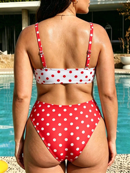 Swim Vcay Plus Size Women's 2026 New Summer Beach Vacation Colorblock Polka Dot Print Detachable Strap Bikini Set