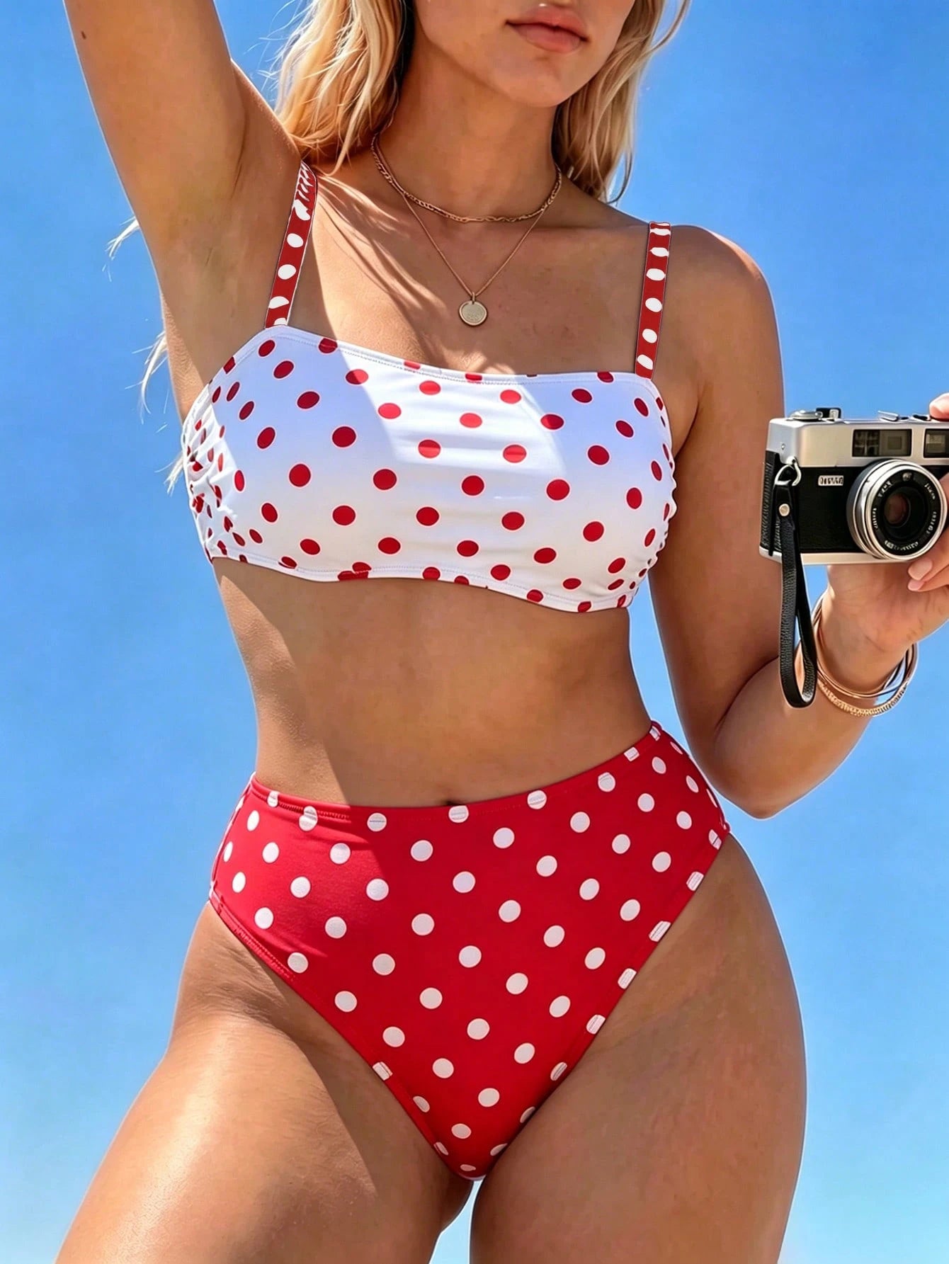 Swim Vcay Plus Size Women's 2026 New Summer Beach Vacation Colorblock Polka Dot Print Detachable Strap Bikini Set