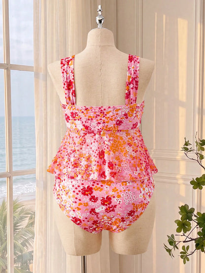 Swim Vcay Plus Size Women's Floral Print Pleated Tankini And Triangle Bikini Bottom Two-Piece Swimsuit Set