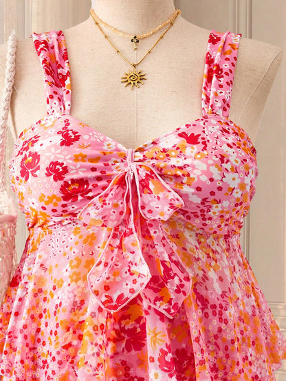 Swim Vcay Plus Size Women's Floral Print Pleated Tankini And Triangle Bikini Bottom Two-Piece Swimsuit Set