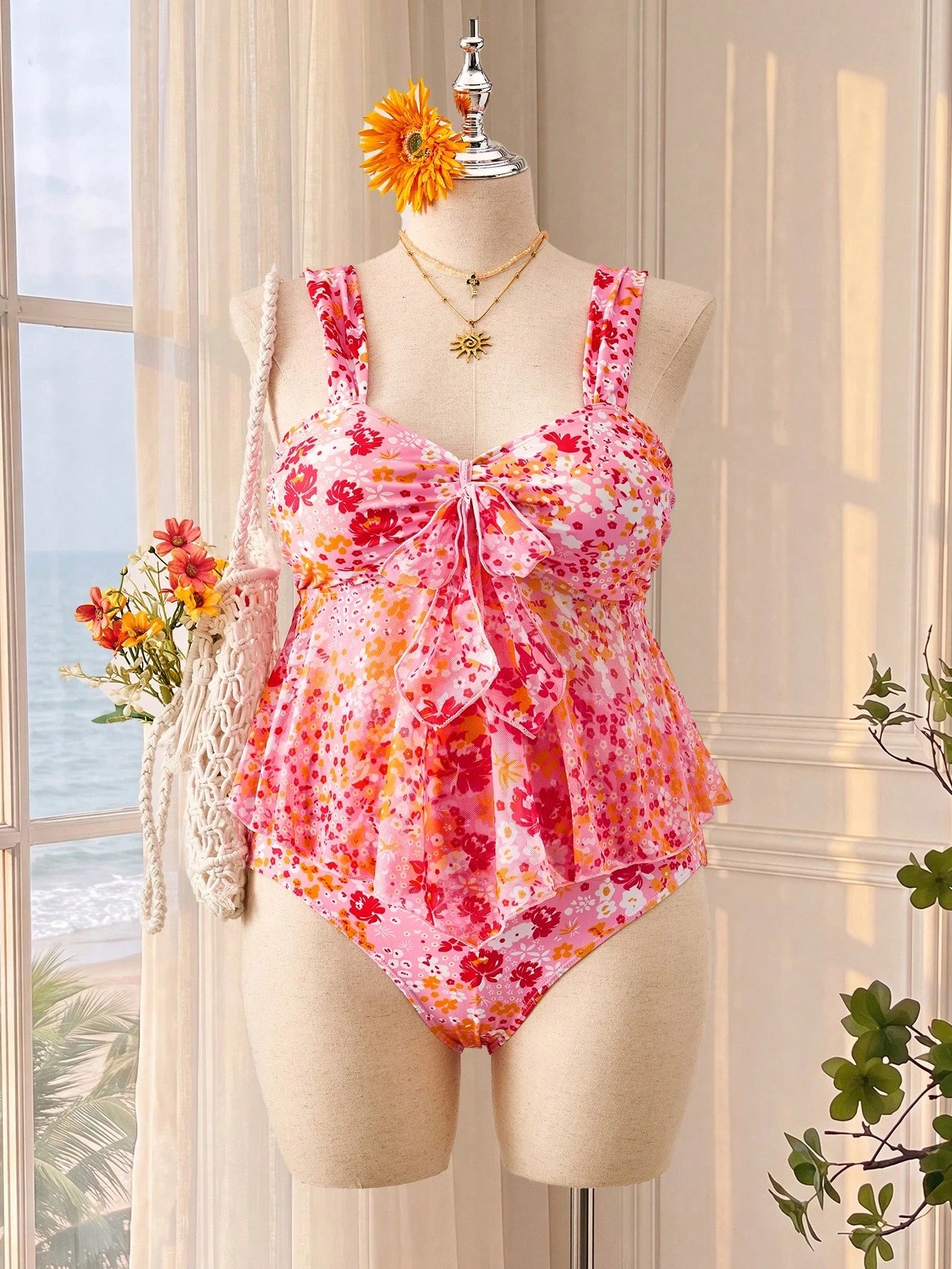 Swim Vcay Plus Size Women's Floral Print Pleated Tankini And Triangle Bikini Bottom Two-Piece Swimsuit Set