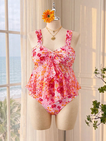 Swim Vcay Plus Size Women's Floral Print Pleated Tankini And Triangle Bikini Bottom Two-Piece Swimsuit Set