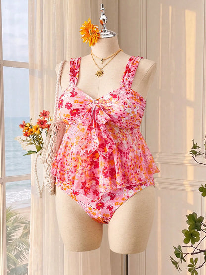 Swim Vcay Plus Size Women's Floral Print Pleated Tankini And Triangle Bikini Bottom Two-Piece Swimsuit Set