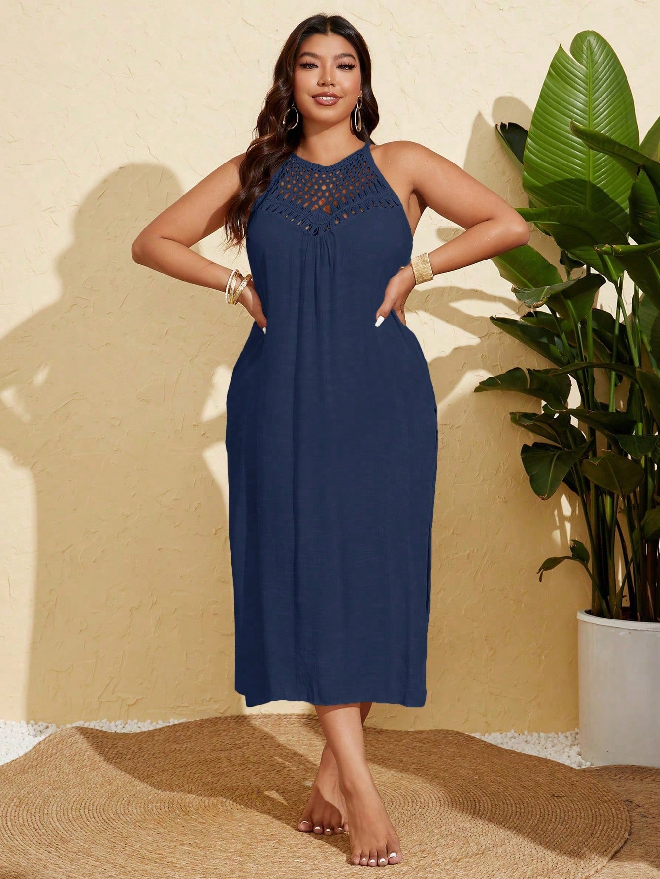 Swim Vcay Plus Size Women's Solid Color Crochet Hollow Out Sexy Fitted Beach Cover Up Maxi Dress
