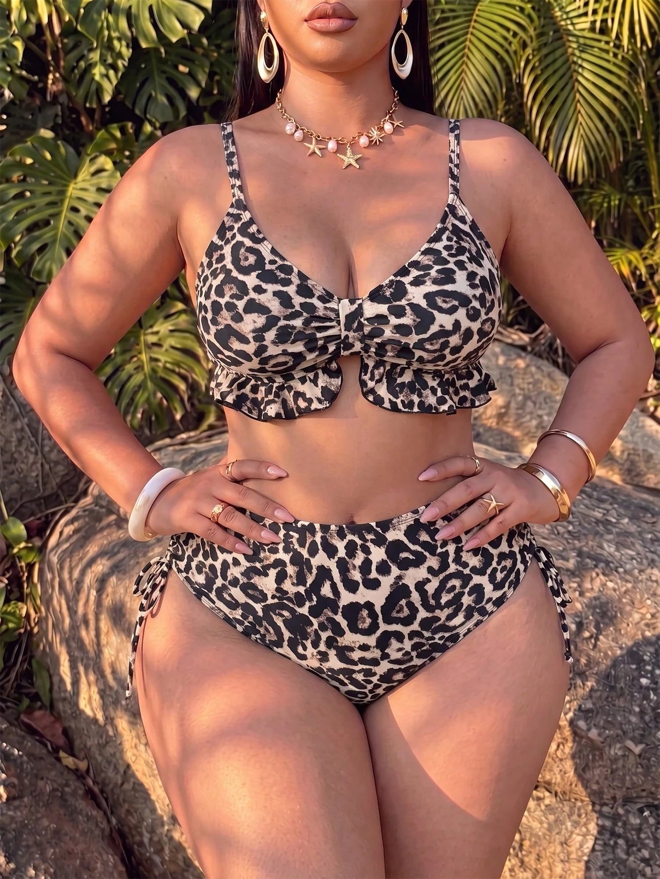 Swim Vcay Plus Size Women's Summer Beach Leopard Print Sexy Fashion Bikini Two-Piece Swimsuit Set