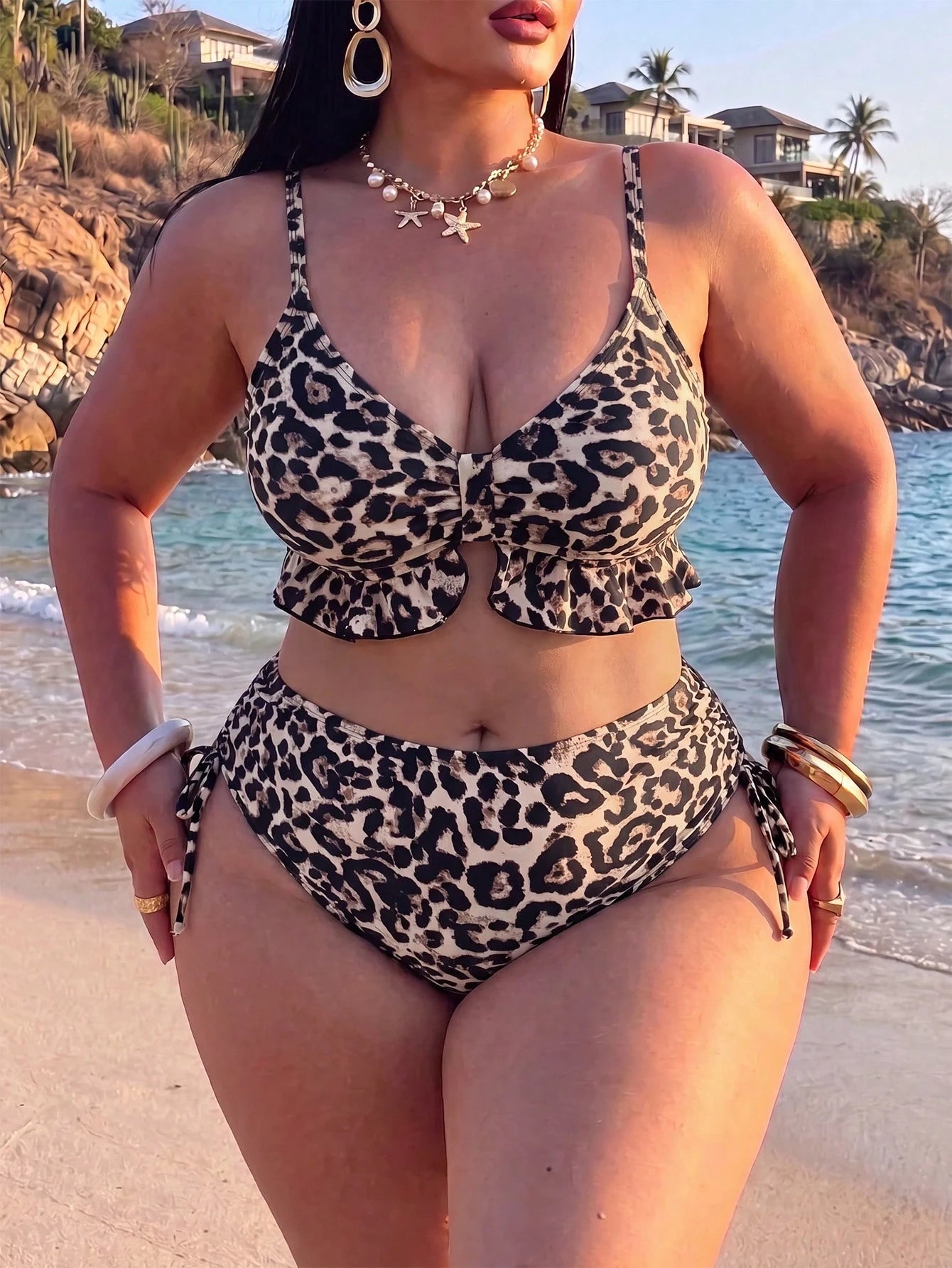 Swim Vcay Plus Size Women's Summer Beach Leopard Print Sexy Fashion Bikini Two-Piece Swimsuit Set
