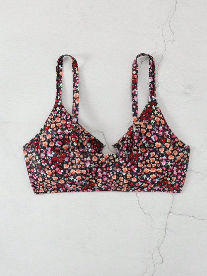 Swim Vcay Plus Size Women's Summer Beach Vacation Ditsy Floral Hollow Out Sexy Bikini Top