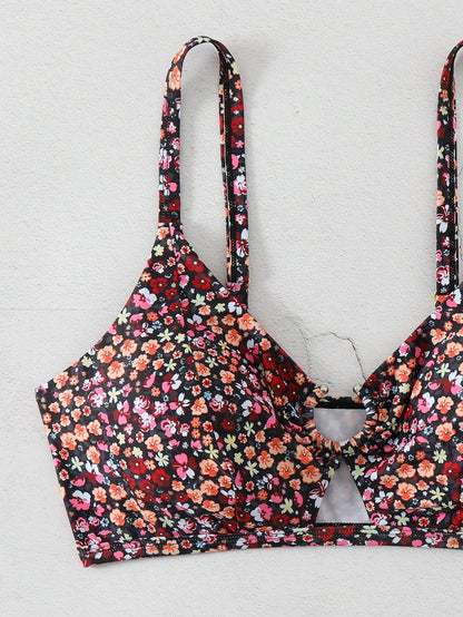 Swim Vcay Plus Size Women's Summer Beach Vacation Ditsy Floral Hollow Out Sexy Bikini Top