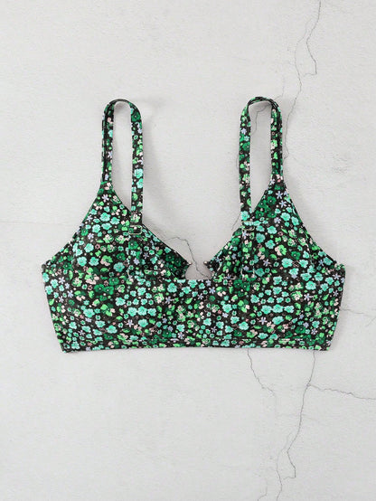Swim Vcay Plus Size Women's Summer Beach Vacation Ditsy Floral Hollow Out Sexy Bikini Top