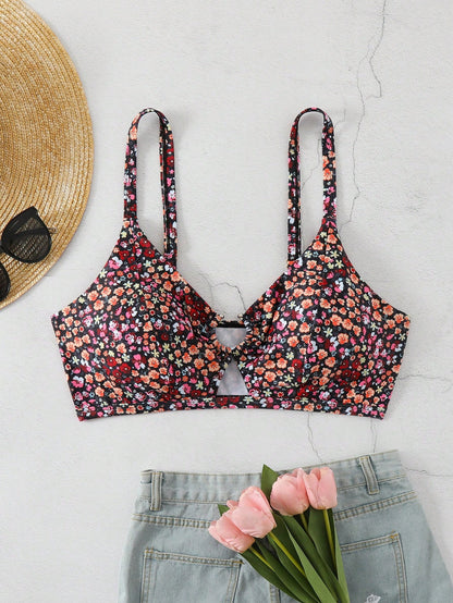 Swim Vcay Plus Size Women's Summer Beach Vacation Ditsy Floral Hollow Out Sexy Bikini Top