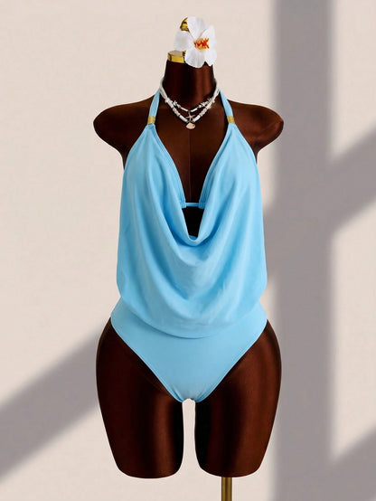 Swim Vcay Summer Beach Draped Halter Tankini Black Swimwear