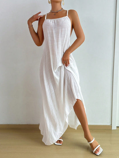 Swim Vcay Summer Beach Solid Color Backless Halter Neck Extra-Long Cover-Up Dress