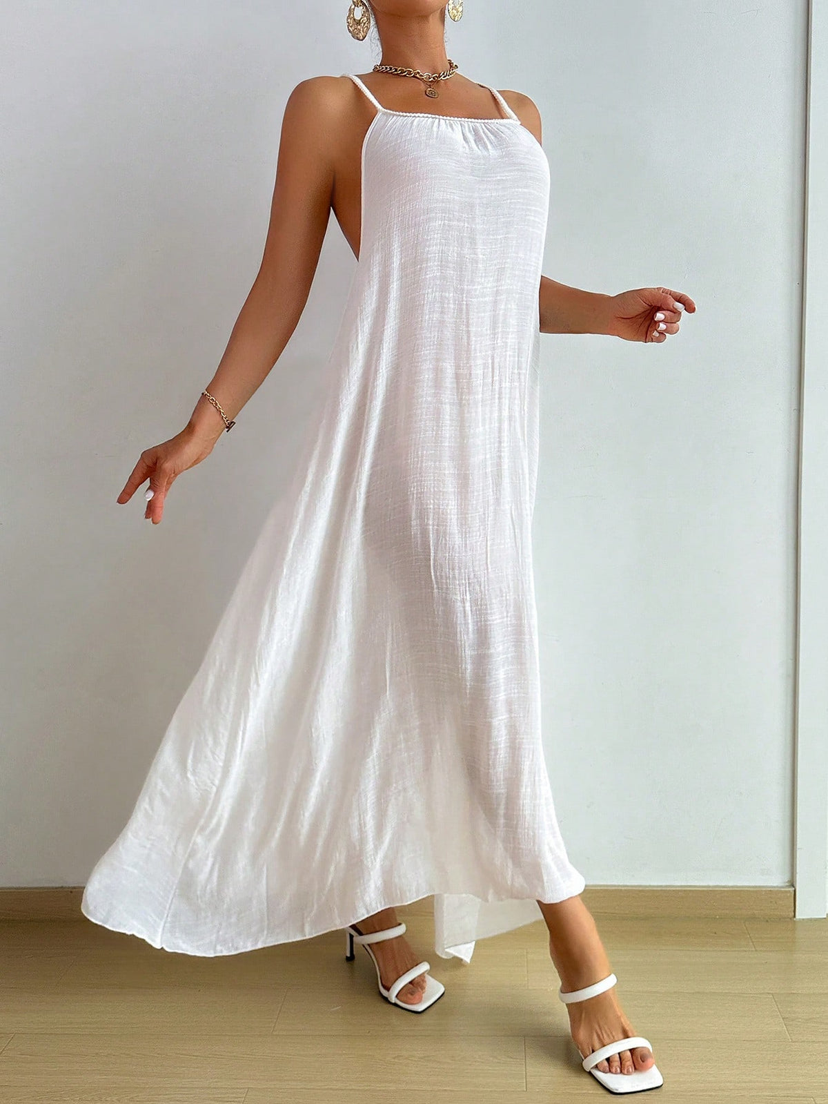 Swim Vcay Summer Beach Solid Color Backless Halter Neck Extra-Long Cover-Up Dress