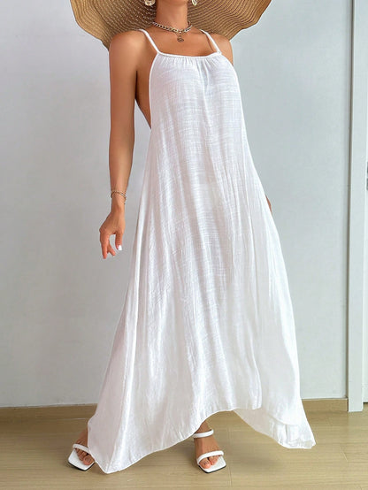 Swim Vcay Summer Beach Solid Color Backless Halter Neck Extra-Long Cover-Up Dress