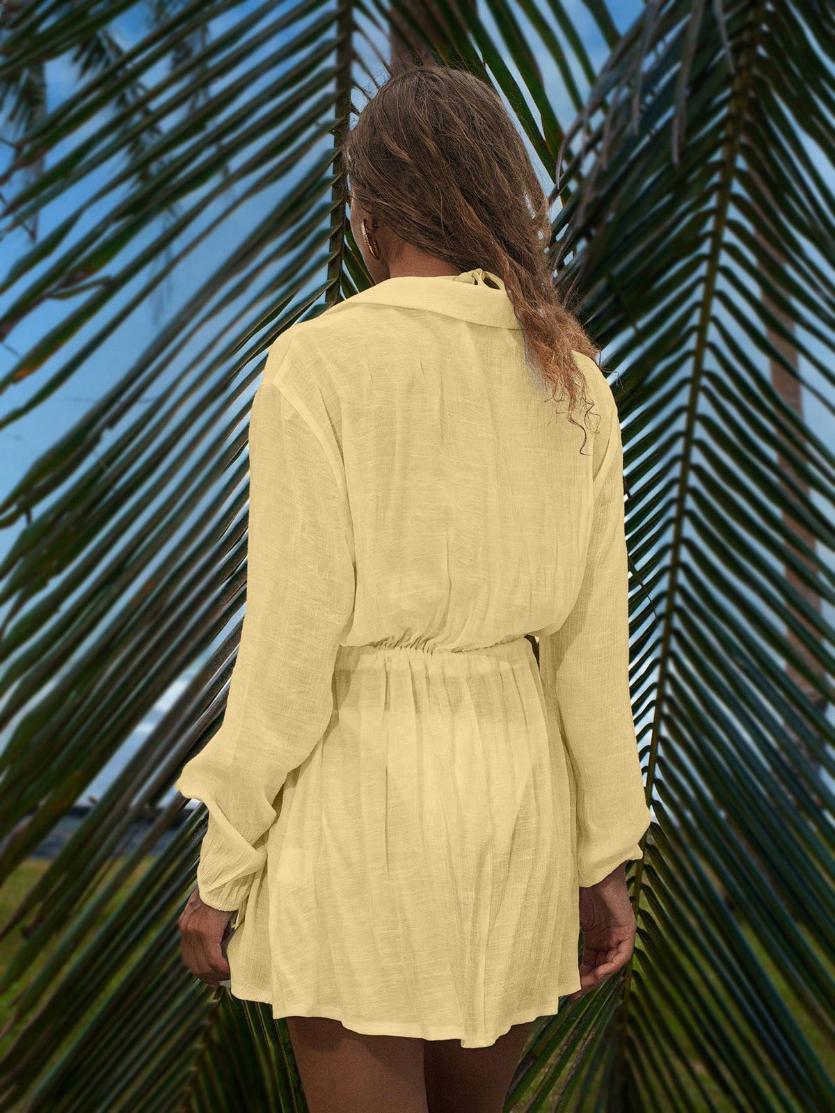 Swim Vcay Summer Outfits For Women Elegant Casual Pullover Shirt Tie Lantern Sleeve Cover, Minimalist Lightweight Short Beach Vacation Dress, Butter Yellow