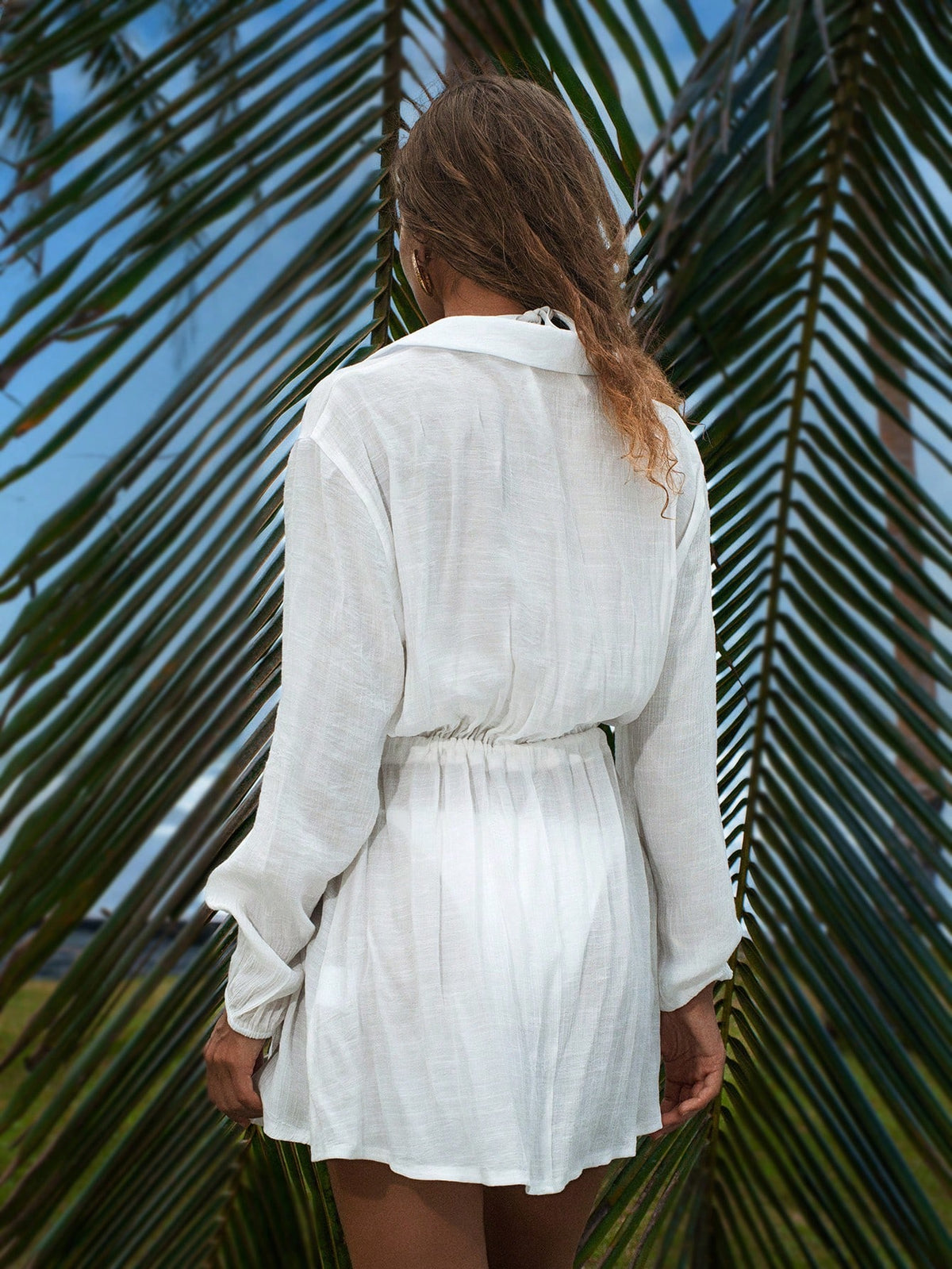 Swim Vcay Summer Outfits For Women Elegant Casual Pullover Shirt Tie Lantern Sleeve Cover, Minimalist Lightweight Short Beach Vacation Dress, Butter Yellow