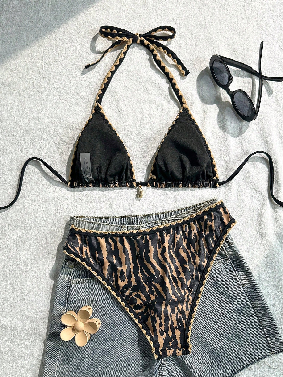 Swim Vcay Women's 2-Piece Bikini Swimsuit Set, Halter Neck Tie, Floral Ruffle Trim, Tiger Print, Fashion Casual Vacation Swimwear