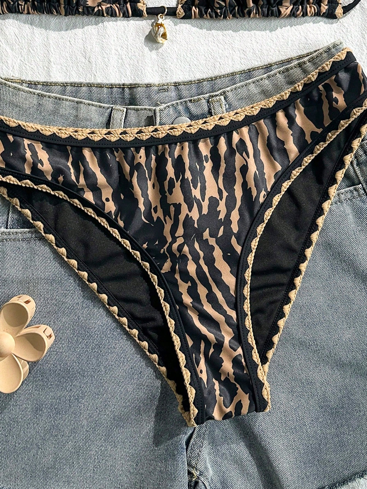 Swim Vcay Women's 2-Piece Bikini Swimsuit Set, Halter Neck Tie, Floral Ruffle Trim, Tiger Print, Fashion Casual Vacation Swimwear