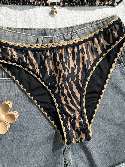 Swim Vcay Women's 2-Piece Bikini Swimsuit Set, Halter Neck Tie, Floral Ruffle Trim, Tiger Print, Fashion Casual Vacation Swimwear