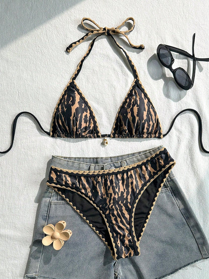 Swim Vcay Women's 2-Piece Bikini Swimsuit Set, Halter Neck Tie, Floral Ruffle Trim, Tiger Print, Fashion Casual Vacation Swimwear