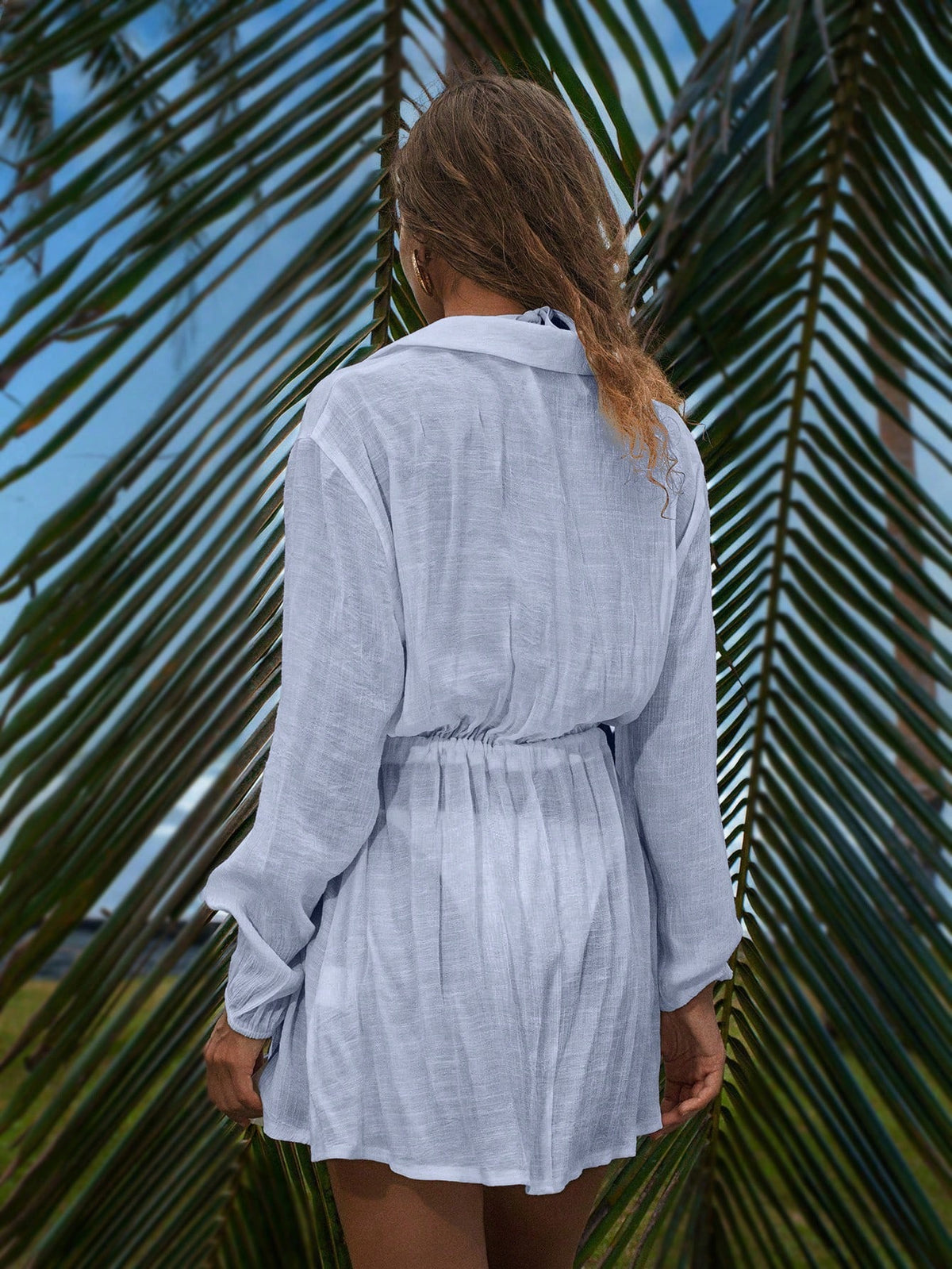 Swim Vcay Women's Blue Casual Summer Beach Holiday Elegant Pullover Shirt With Buttons,Tie-Bow Lantern Sleeve Cover Up,Minimalist Thin Short Versatile Dress