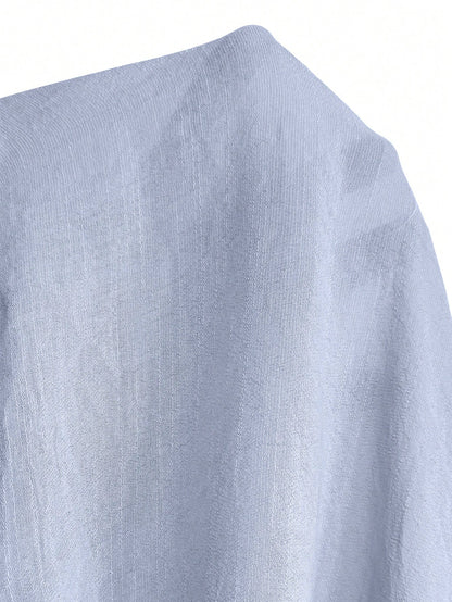 Swim Vcay Women's Blue Casual Summer Beach Holiday Elegant Pullover Shirt With Buttons,Tie-Bow Lantern Sleeve Cover Up,Minimalist Thin Short Versatile Dress