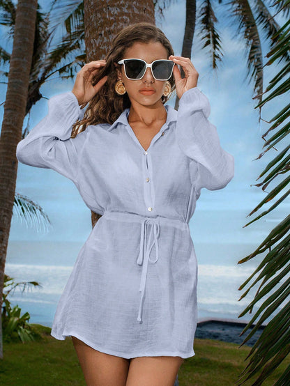 Swim Vcay Women's Blue Casual Summer Beach Holiday Elegant Pullover Shirt With Buttons,Tie-Bow Lantern Sleeve Cover Up,Minimalist Thin Short Versatile Dress