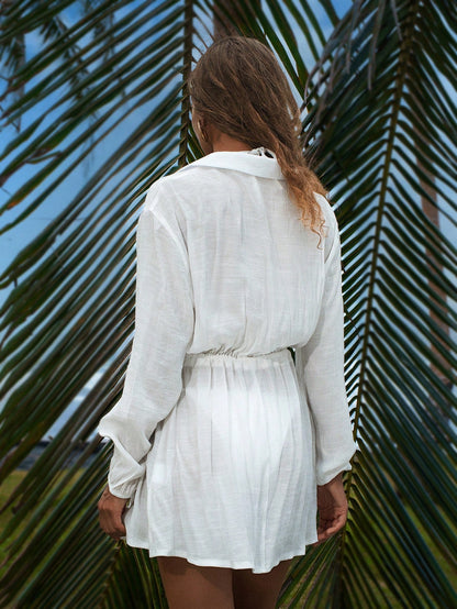 Swim Vcay Women's Blue Casual Summer Beach Holiday Elegant Pullover Shirt With Buttons,Tie-Bow Lantern Sleeve Cover Up,Minimalist Thin Short Versatile Dress
