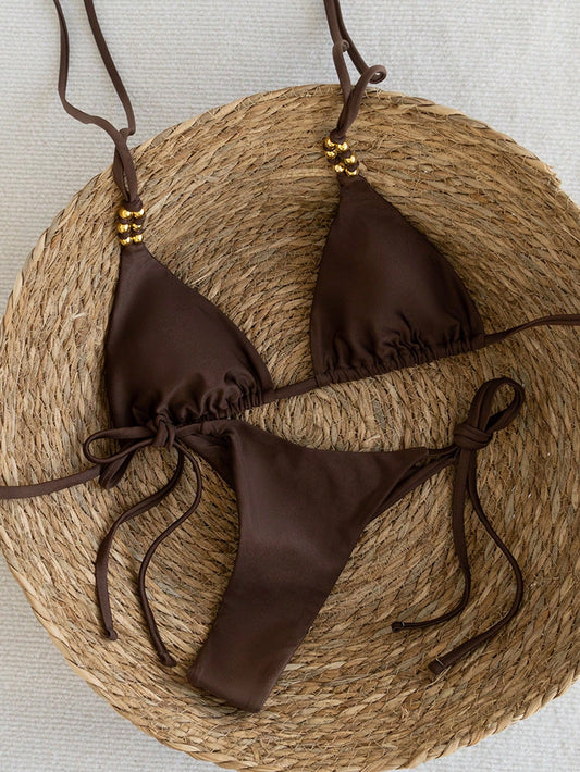 Swim Vcay Women's Coffee Brown Bikini Set,Summer Casual Beach Holiday Vacation Holiday,Spaghetti Strap Halter Gold Beaded Shiny Side Tie High Cut Bathing Suit